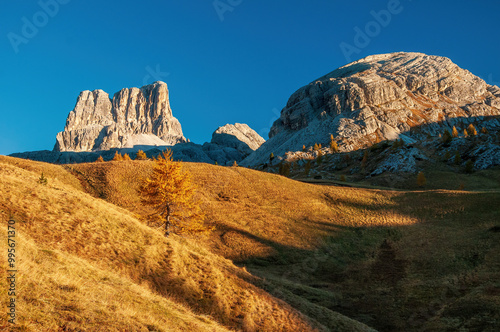 Stunning view of the rugged Dolomite mountains in Italy, with towering rocky peaks contrasted by the golden foliage of autumn. A scenic path winds through the dramatic landscape