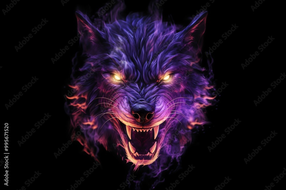 glowing wolf head on black background with glowing neon eyes glowing wolf head on black background with glowing neon eyes