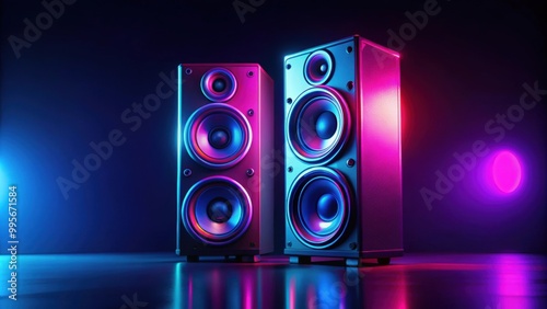 Multimedia acoustic sound speakers with neon lighting on dark background, multimedia, acoustic