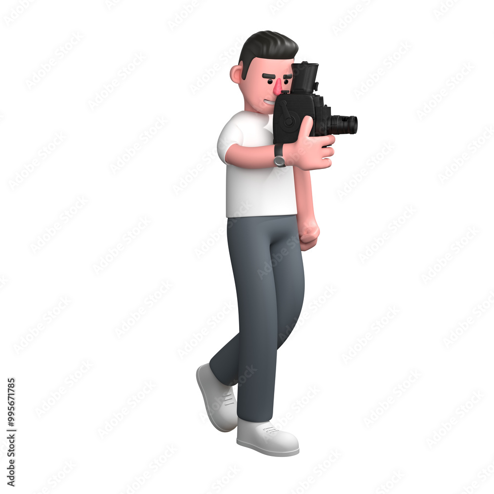 3D Animated Photographer. A male photographer is walking while holding a camera with his left hand, as if focusing on the object in front of him. Male Media Figure