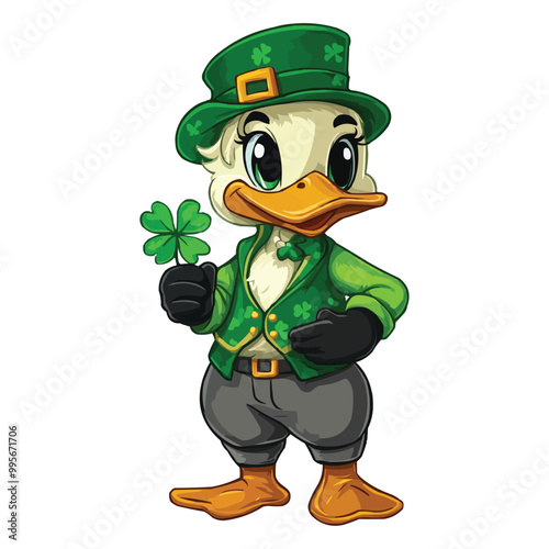 A cartoon duck dressed as an Irish leprechaun, holding a four-leaf clover and wearing black gloves with grey pants