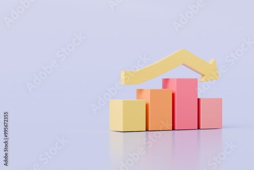 3D Bar Chart with arrow rising icon on isolated purple background. Soaring finances, strengthening currency concept. Minimal Data analysis bar pie graph growth up with an arrow rising icon. 3d render.