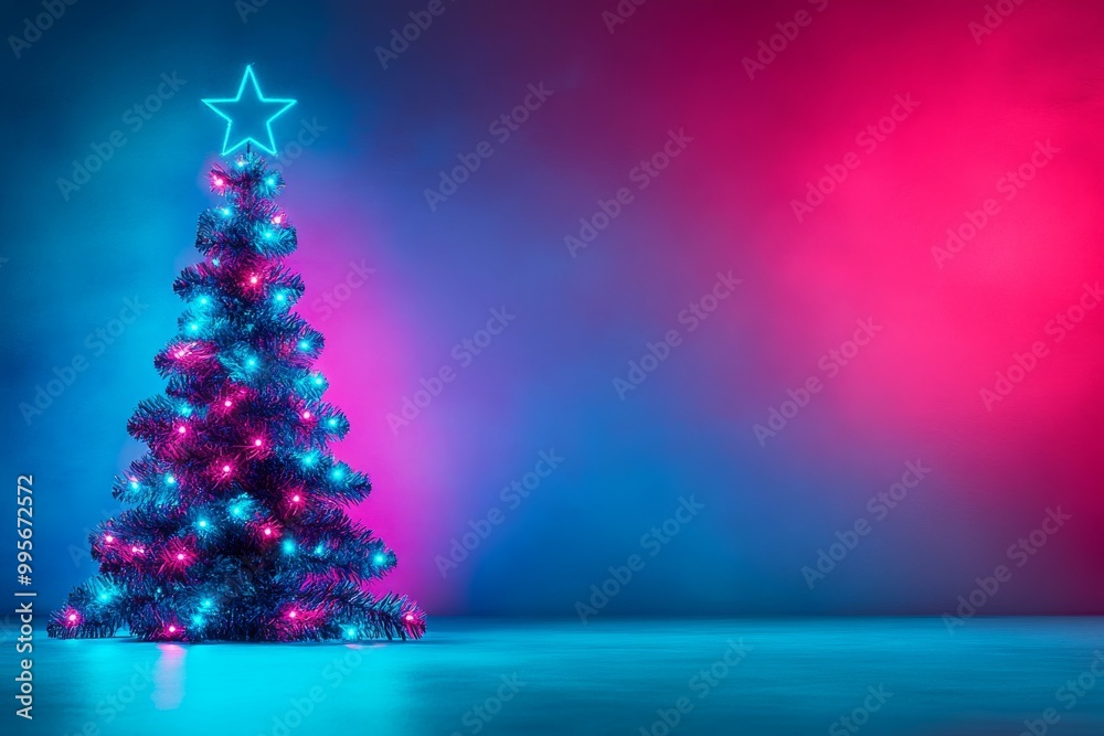 Neon lit Christmas tree with vibrant pink and blue lights glowing in a futuristic setting exuding a bold and colorful holiday ambiance Neon lit Christmas tree with vibrant pink and blue lights glowing in a futuristic setting exuding a bold and colorful holiday ambiance