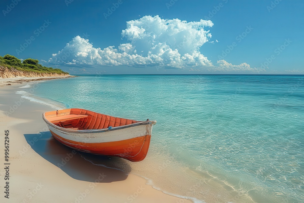 a serene seaside scene showcasing a colorful paddle boat sailing gently along the shoreline with soft waves lapping at the sand and a bright blue sky reflecting the tranquility of the moment