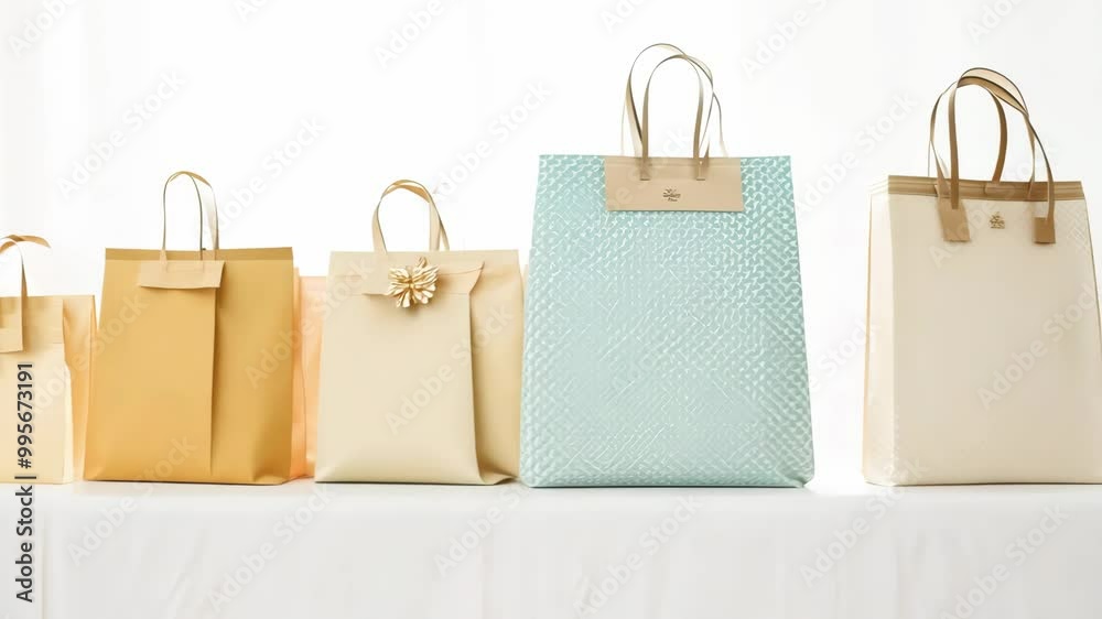 A row of minimalistic gift bags with simple tags in soft pastel colors is captured in a pan shot under high key lighting

.