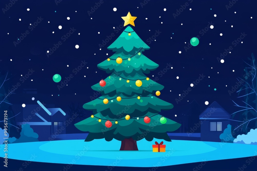 Cartoon Christmas tree set in a snowy suburban neighborhood at night with glowing lights and ornaments creating a cheerful and bright holiday atmosphere