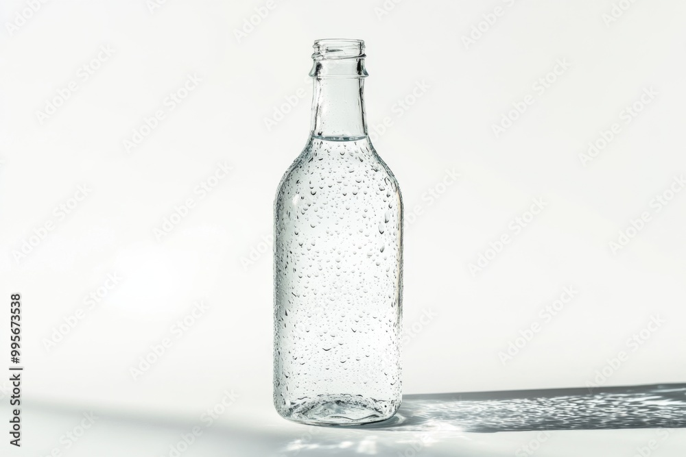 glass bottle of water with droplets on white background with shadows glass bottle of water with droplets on white background with shadows