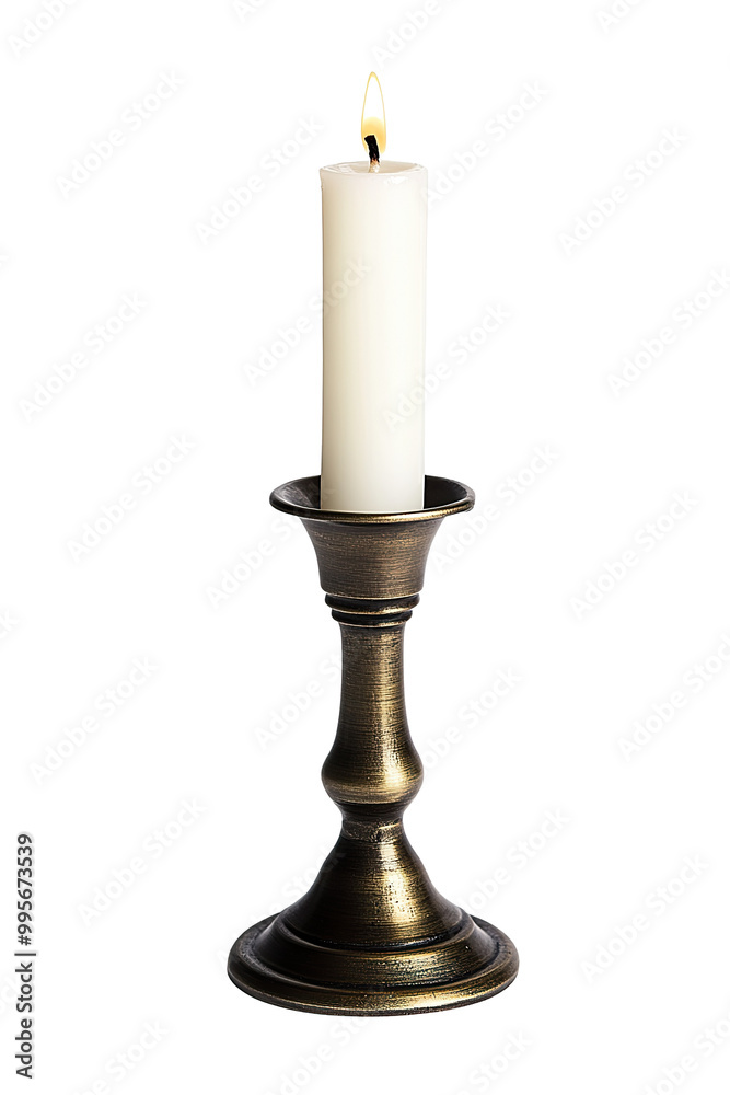 A simple white candle in a metallic holder, isolated on a clean white background PNG A simple white candle in a metallic holder, isolated on a clean white background PNG