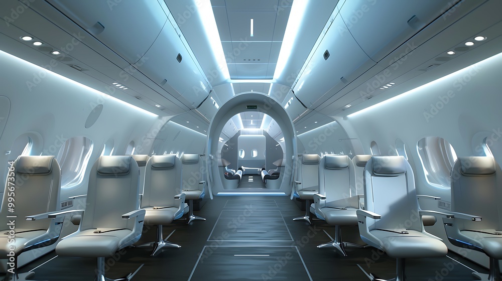 Obraz premium Modern Minimalist interior of an airplane cabin showcasing sleek, comfortable seats with a bright and airy ambiance.