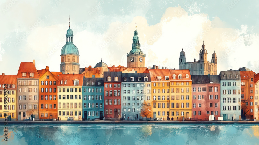 Obraz premium Copenhagen, Denmark, color pen pencil hand-drawn effect drawing illustration for travel poster, card, wallpaper, backdrop or banner. Modern, clear, artistic and simple