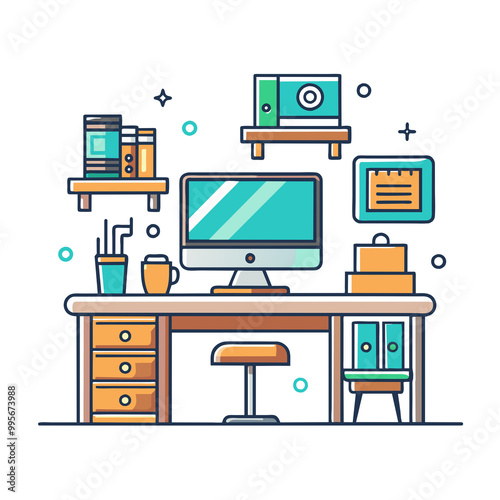 flat colored outline icon transparent around shapes computer book room office 