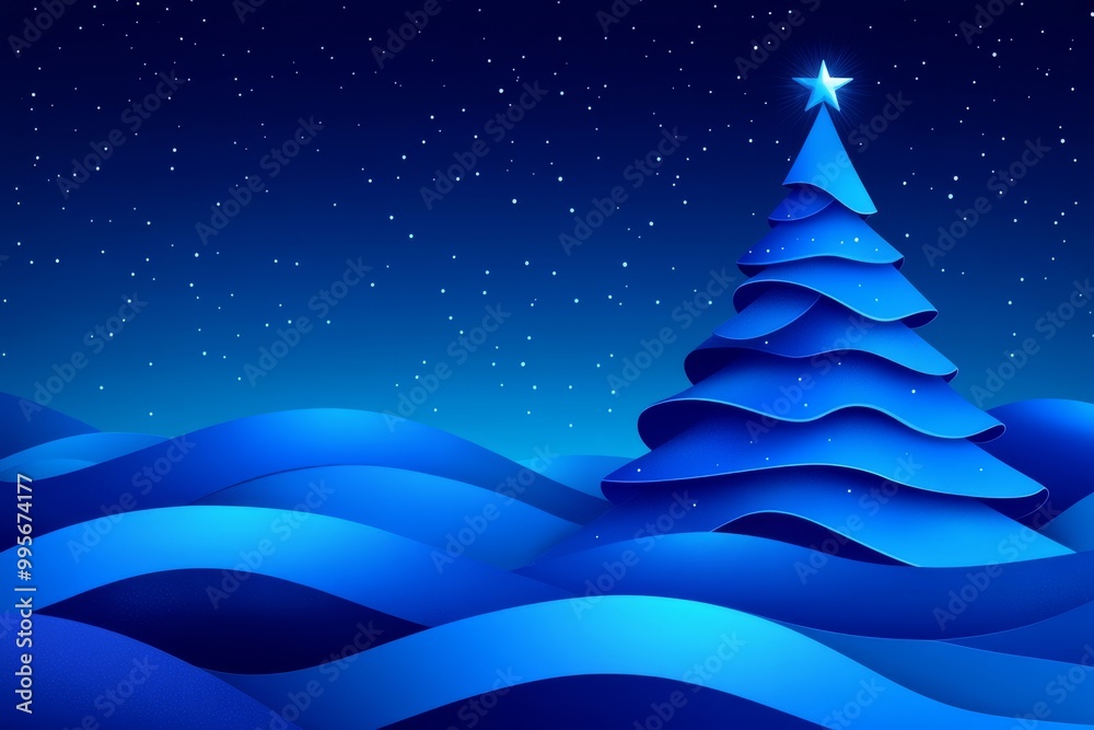 Illustrated blue Christmas tree glowing under a starry sky in a serene snowy landscape creating a peaceful holiday atmosphere with bold minimalist colors and shapes Illustrated blue Christmas tree glowing under a starry sky in a serene snowy landscape creating a peaceful holiday atmosphere with bold minimalist colors and shapes