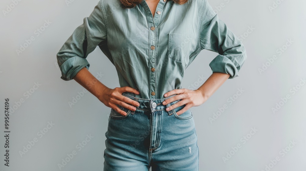 A person with hands on hips in a standing position, plain backgr