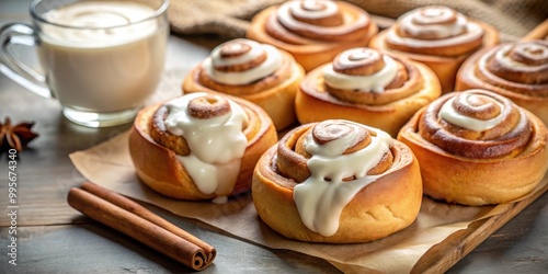 Freshly baked homemade cinnamon rolls with cream, cinnamon, rolls, homemade, baked, sweet, pastry, dessert, cream, icing, delicious