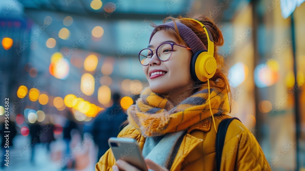 Obraz premium Young Woman Enjoying Music on Headphones and Smartphone in the City at Dusk