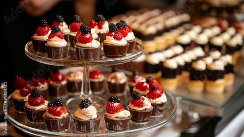 Gourmet desserts displayed elegantly for event. Tempting treats buffet, dainty, delicacies, desserts