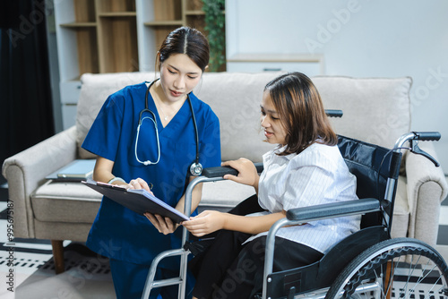 Friendly nurse doctor disease patient support during recovery, caregiver taking care of her patient and showing kindness while doing a checkup in home.