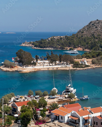 Vertical view of the island from the castle on Kastellorizo ​​island, Dodekanisos, Greece photo