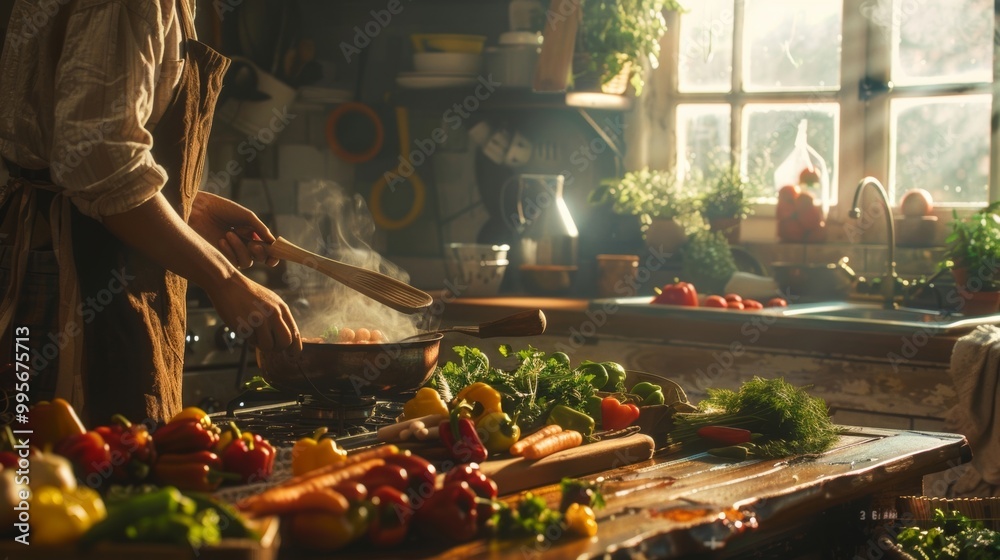 Fototapeta premium A Chef Prepares Fresh Ingredients in a Cozy Kitchen Filled with Light and Colorful Vegetables