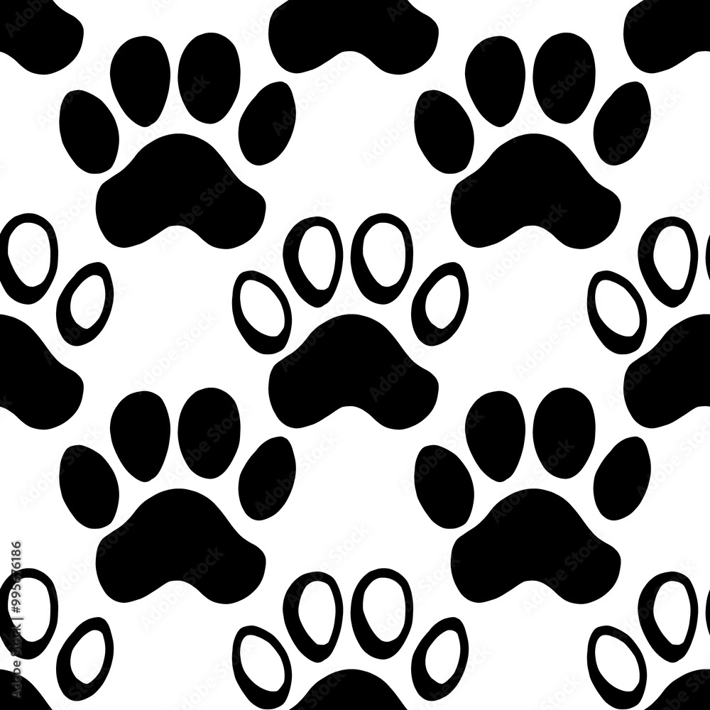 Fototapeta premium Pattern of dog paw prints. Black without background. The paws are different. Sketch illustration.