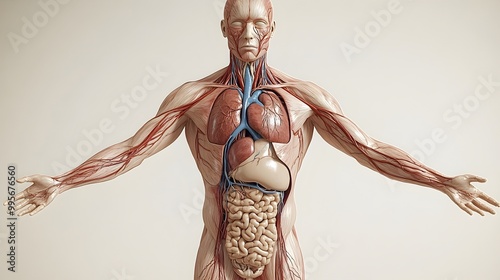 Detailed Diagram of the Human Cardiovascular System Showcasing Blood Flow and Major Blood Vessels photo