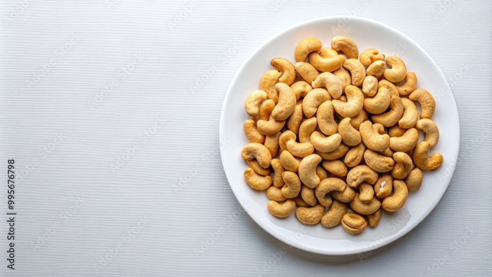 Cashew nuts arranged neatly on a white plate, top view, Cashew nuts, healthy snack, nuts, plate