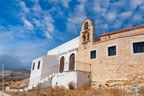 Facade of Church of St Nicholas and St Dimitrios, (Greek orthodox church in Greece) Kastellorizo ​​island, Dodekanisos, Greece photo