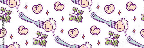 Meat dumplings color pattern. Dough and meat products background doodles. Dumplings on fork. Pelmeni and sour cream, parsley. For market, textile wallpaper, brand. Outline trendy vector illustration.