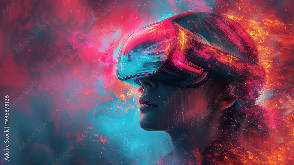 Woman wearing a futuristic helmet standing in a virtual world, digital art style, illustration painting Woman wearing a futuristic helmet standing in a virtual world, digital art style, illustration painting