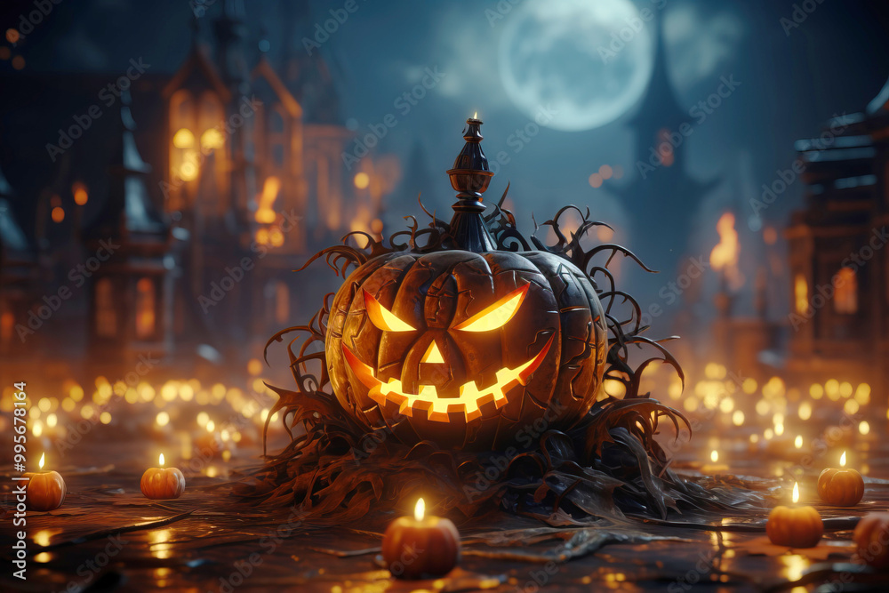 Fire pumpkin on a festive night fairy street, traditional religious symbol. Fire pumpkin on a festive night fairy street, traditional religious symbol.