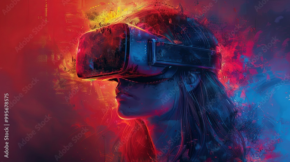 Woman wearing a futuristic helmet standing in a virtual world, digital art style, illustration painting Woman wearing a futuristic helmet standing in a virtual world, digital art style, illustration painting