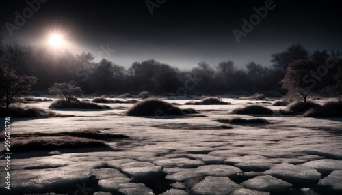 Mysterious Forest at Dawn with Frozen Ice Blocks and Misty Atmosphere