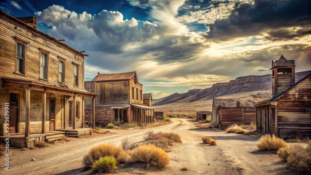 Old abandoned Western ghost town with dilapidated buildings and dusty streets, Wild west, vintage, deserted, ghostly Old abandoned Western ghost town with dilapidated buildings and dusty streets, Wild west, vintage, deserted, ghostly