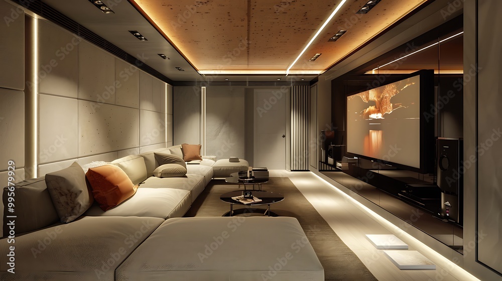 Fototapeta premium Modern home theater room with a large screen and a comfortable white sofa for a relaxing movie experience