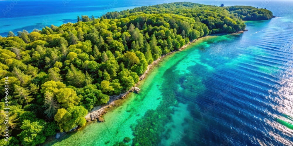Aerial view of lush green trees and sparkling blue sea with a drone capturing the landscape beauty, aerial view, green trees Aerial view of lush green trees and sparkling blue sea with a drone capturing the landscape beauty, aerial view, green trees