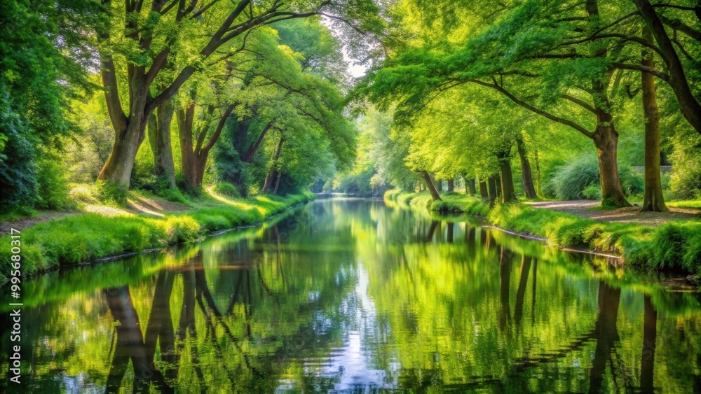 Tranquil canal scene surrounded by lush green trees reflected in the water, serene, canal, scene, lush, green, trees Tranquil canal scene surrounded by lush green trees reflected in the water, serene, canal, scene, lush, green, trees