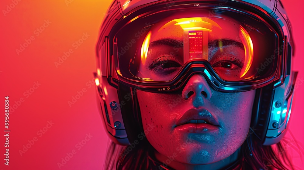 Woman wearing a futuristic helmet standing in a virtual world, digital art style, illustration painting Woman wearing a futuristic helmet standing in a virtual world, digital art style, illustration painting