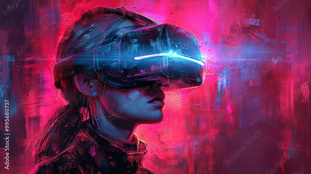 Woman wearing a futuristic helmet standing in a virtual world, digital art style, illustration painting Woman wearing a futuristic helmet standing in a virtual world, digital art style, illustration painting