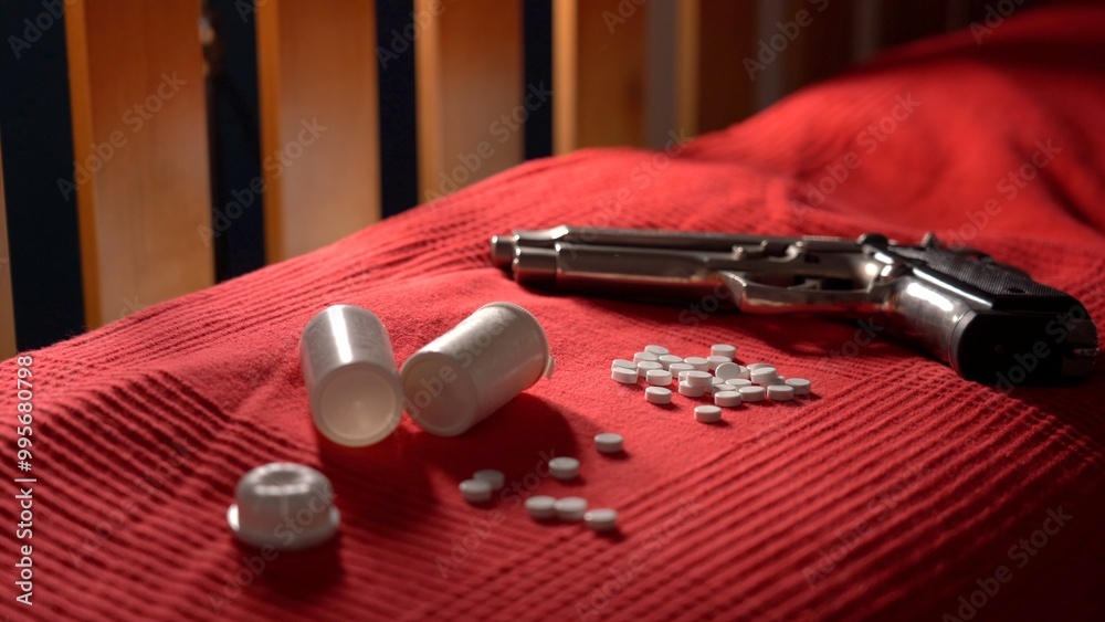 Overdosing on pills pillows and drugs to fight depression and attempting suicide with gun pistol, people abusing medicines leading to physical dependence and death. Mental illnesses and drug overdoses