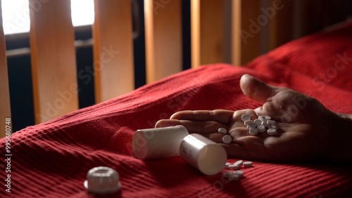 Obraz na płótnie Overdosing on pills pillows and drugs to fight depression and attempting suicide with gun pistol, people abusing medicines leading to physical dependence and death. Mental illnesses and drug overdoses w salonie