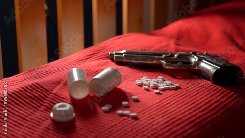 Obraz na płótnie Overdosing on pills pillows and drugs to fight depression and attempting suicide with gun pistol, people abusing medicines leading to physical dependence and death. Mental illnesses and drug overdoses w salonie