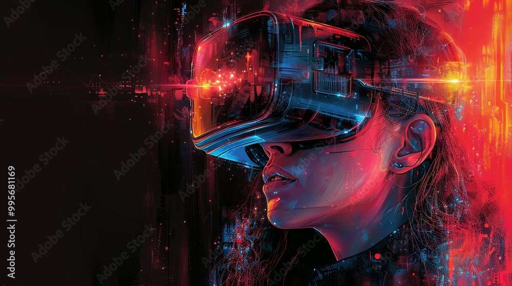 Woman wearing a futuristic helmet standing in a virtual world, digital art style, illustration painting Woman wearing a futuristic helmet standing in a virtual world, digital art style, illustration painting