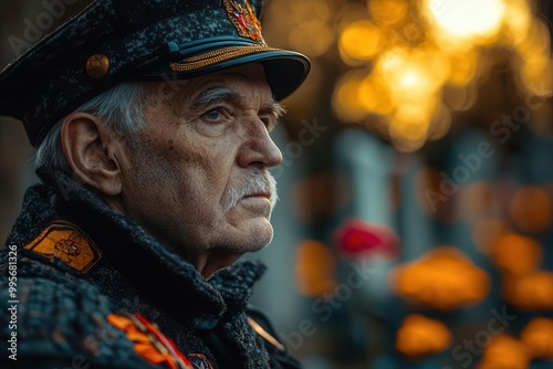 a solemn senior war veteran in uniform saluting standing before gravestones adorned with flags the scene captures respect and remembrance on a clear day with a poignant atmosphere