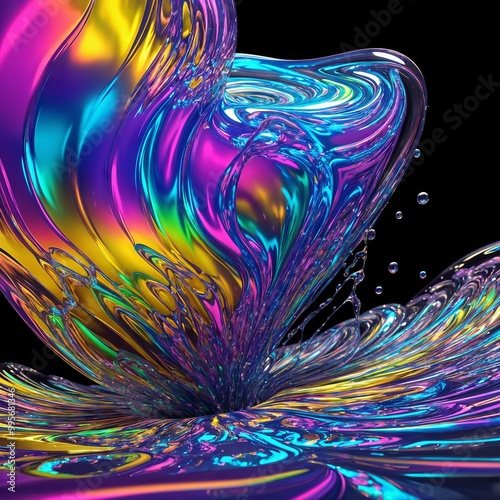 iridescent liquid loaded on abstract background, 3d visualization