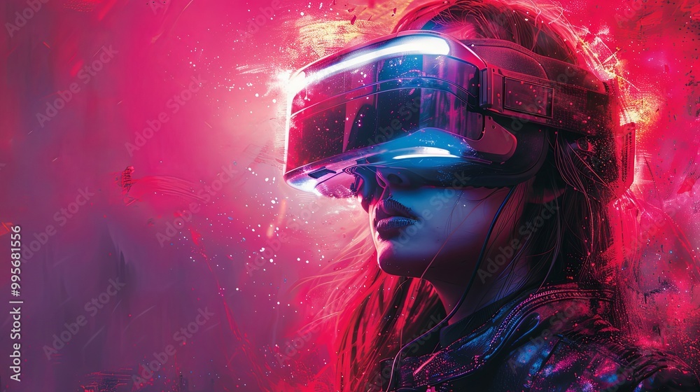 Woman wearing a futuristic helmet standing in a virtual world, digital art style, illustration painting Woman wearing a futuristic helmet standing in a virtual world, digital art style, illustration painting