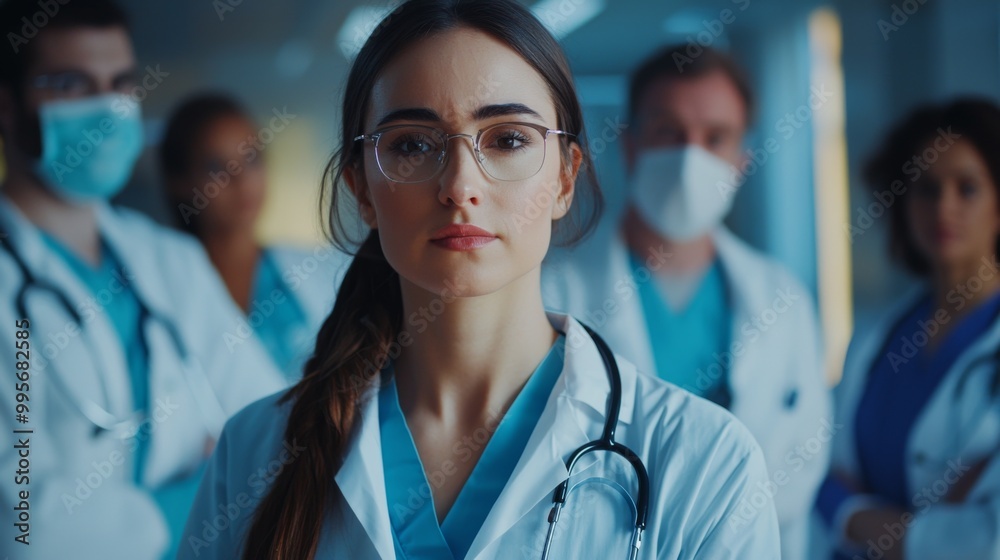 Medical professionals in healthcare setting. Diverse group of doctors in scrubs Medical professionals in healthcare setting. Diverse group of doctors in scrubs