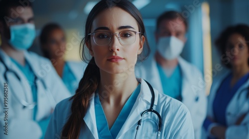 Medical professionals in healthcare setting. Diverse group of doctors in scrubs