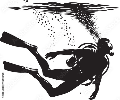 Underwater Scuba Diving silhouette vector illustration isolated on a white background