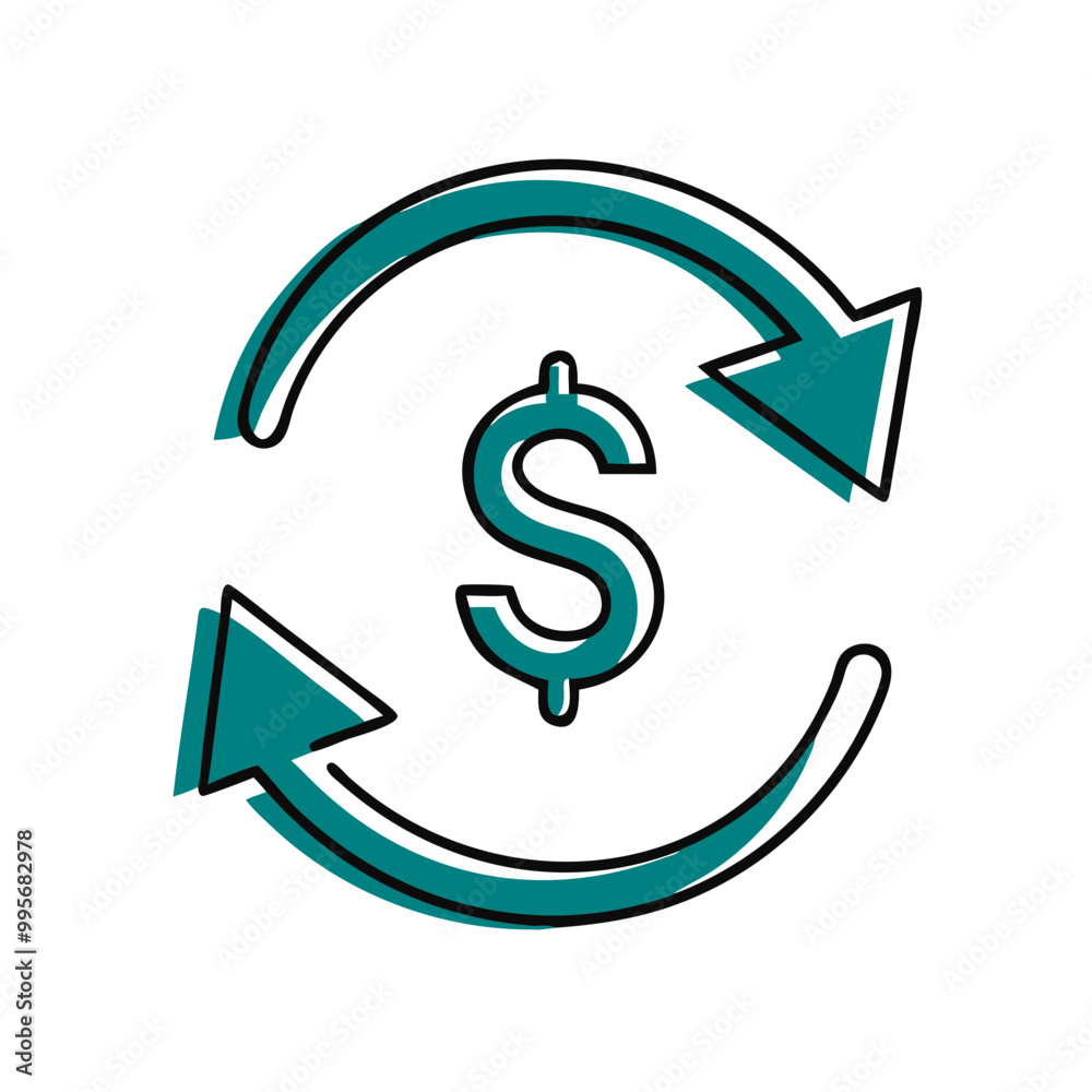 Dollar sign with circular arrows icon, teal and white, currency exchange and financial cycle Dollar sign with circular arrows icon, teal and white, currency exchange and financial cycle