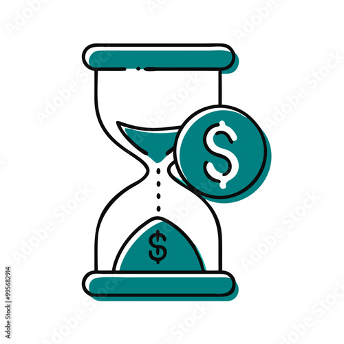 Hourglass with dollar sign icon, teal and white, time and money concept